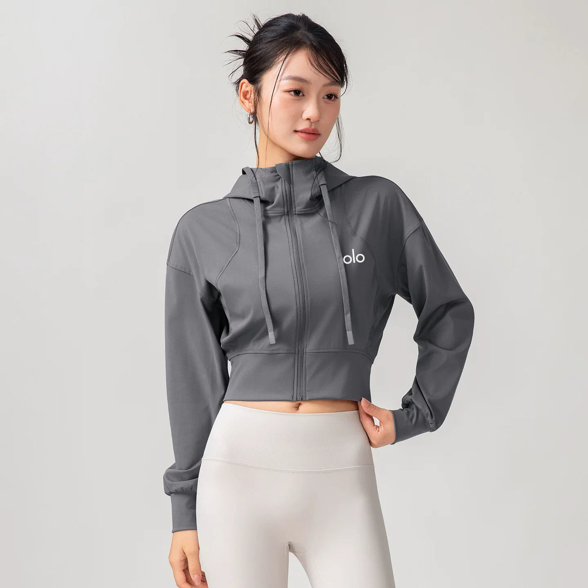 Alo Active Cropped Full-Zip Hoodie Grey