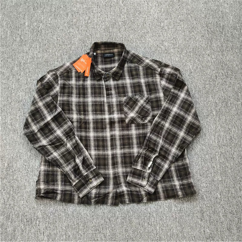 YOUNGLA- Brown Plaid Long-Sleeve Shirt