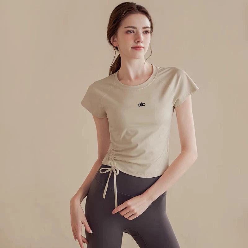 Alo Active Drawstring Ruched Performance Athletic Top Oatmeal