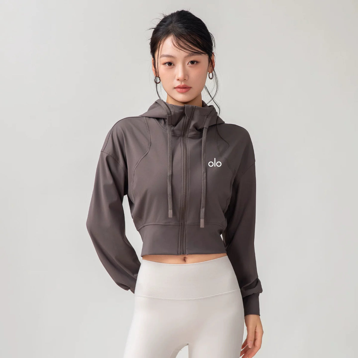 Alo Active Cropped Full-Zip Hoodie Brown