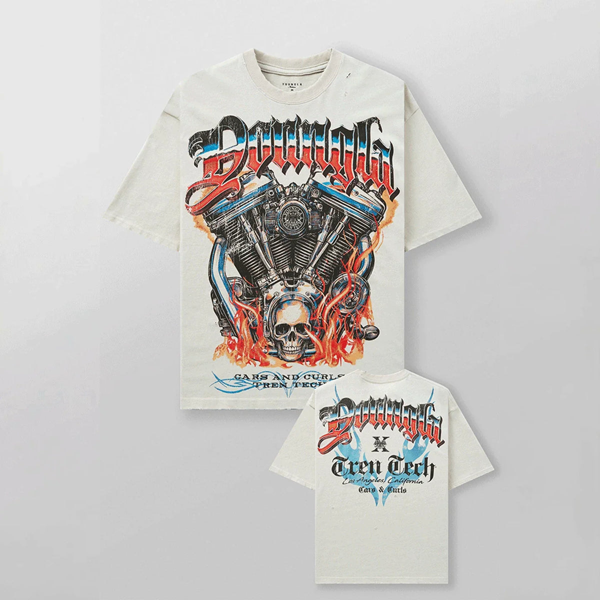 YoungLA Heavyweight Acid Wash Oversized Tee – Mechanical V-Twin Engine Off-White Graphic