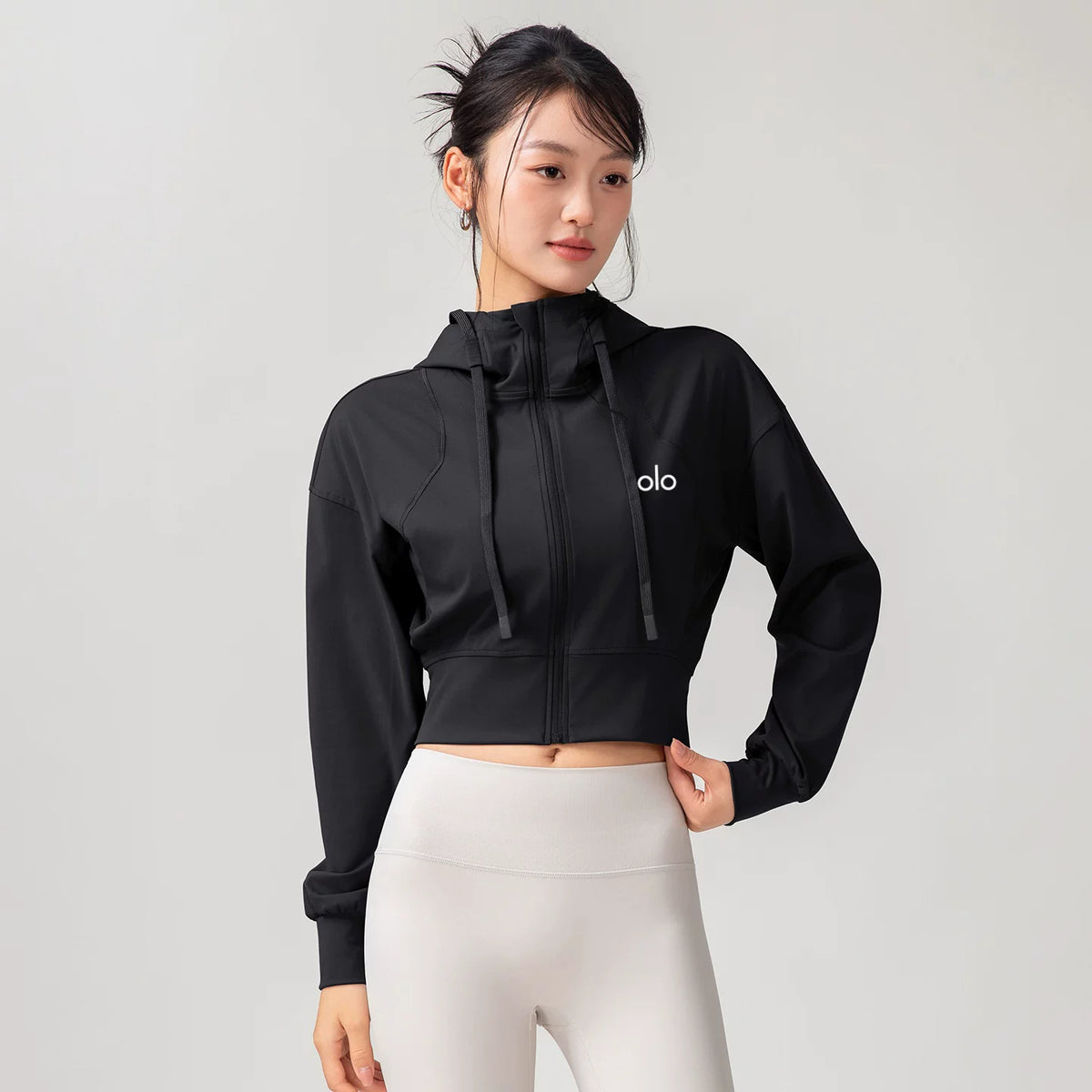 Alo Active Cropped Full-Zip Hoodie Black