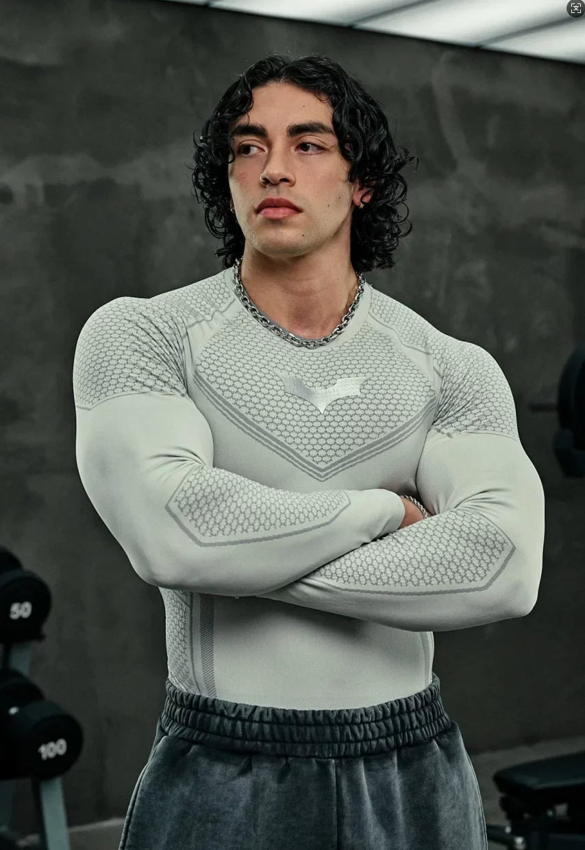 YOUNGLA Batman Superhero Compression Long-Sleeve Gym Shirt  LightGray
