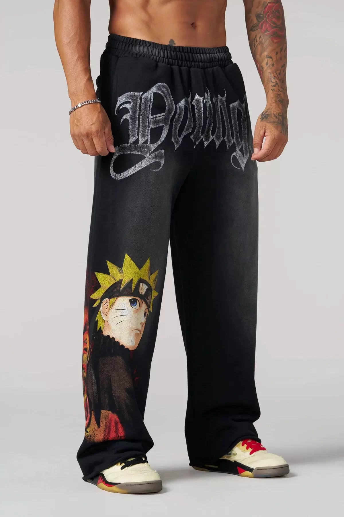 YOUNGLA Men's Anime Graphic Acid Wash Straight Leg Sweatpants