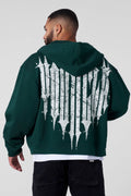YOUNGLA- Dark Green Graphic Zip-Up Hoodie Sweatshirt