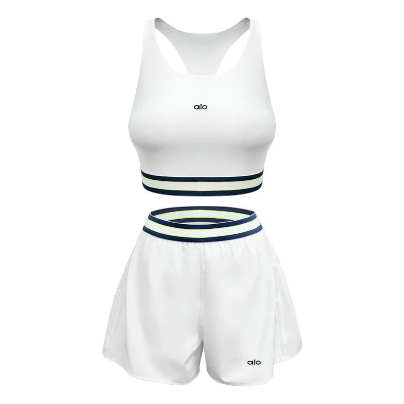 Alo Active Striped Band Sports Bra & Short Set White