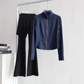 lululemon Stand-Collar Blue Jacket & Skirted Flare Black Pant Set