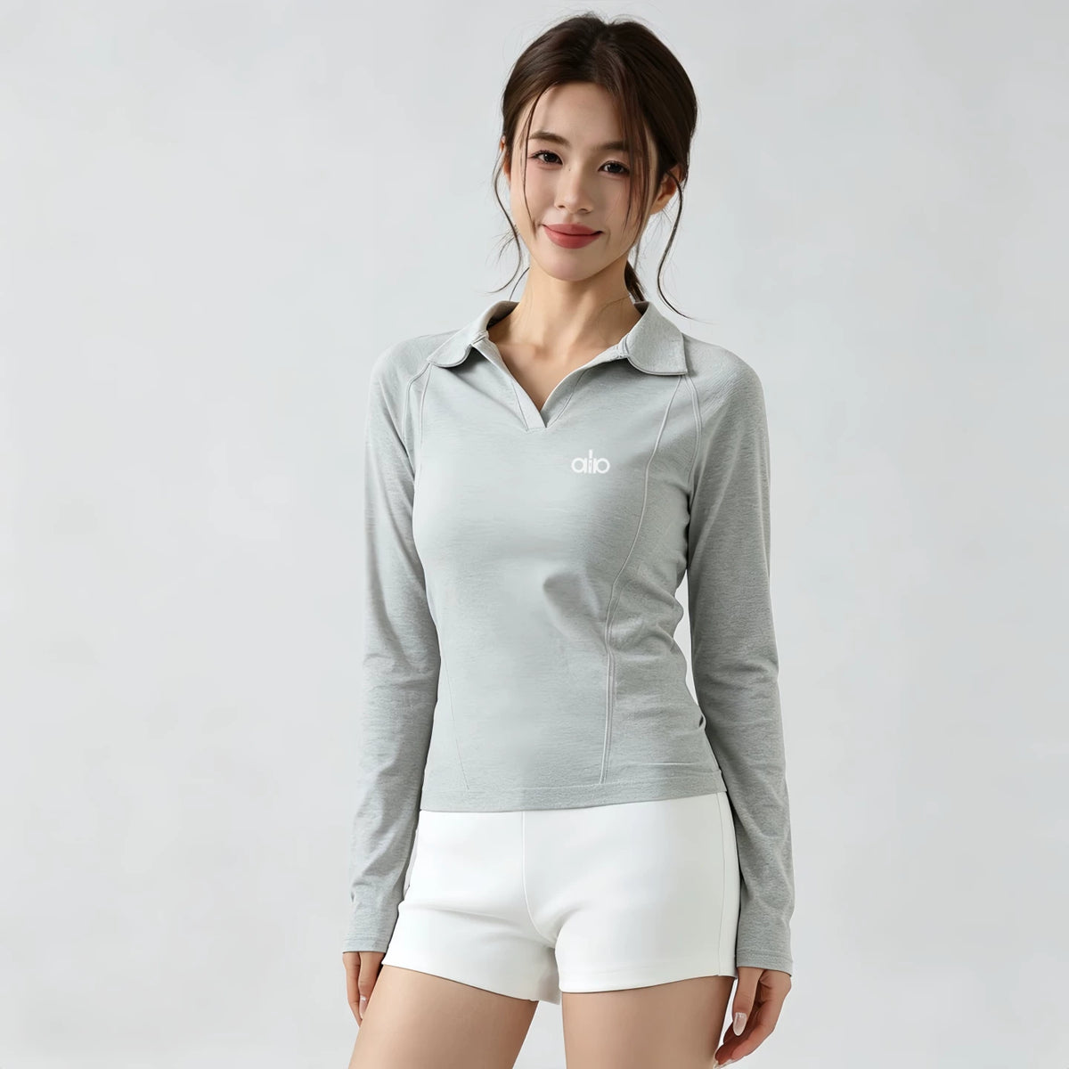 Alo Active Long-Sleeve Polo Top Grey