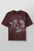YoungLA Heavyweight Acid Wash Oversized Tee – Burgundy Drip Skull Graphic