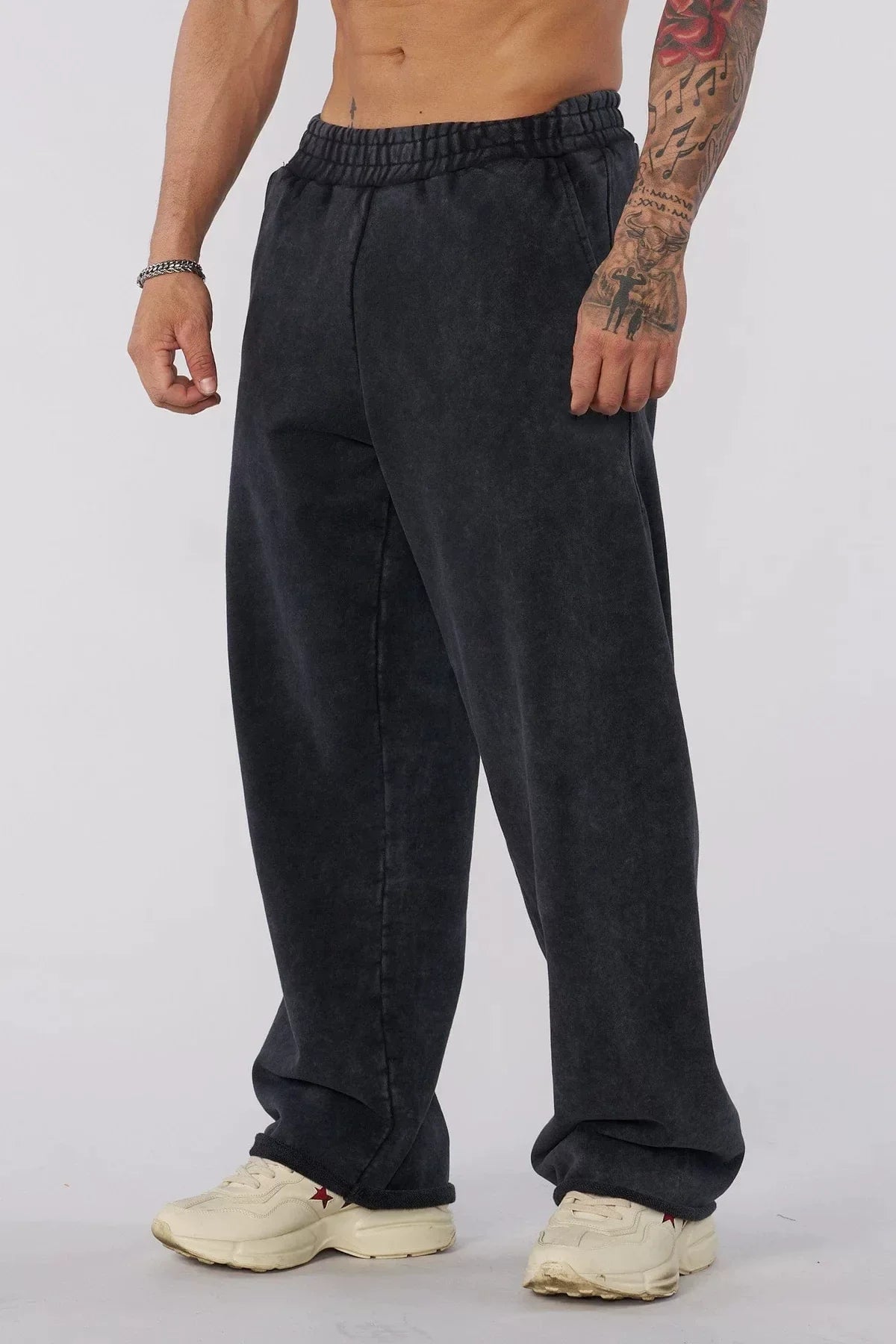 YOUNGLA Men's Arched Collegiate Logo & Blank Acid Wash Wide Leg Sweatpants