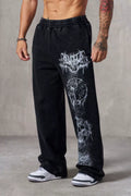 YOUNGLA Men's Acid Wash Heavy Metal Skull Graphic Wide Leg Sweatpants