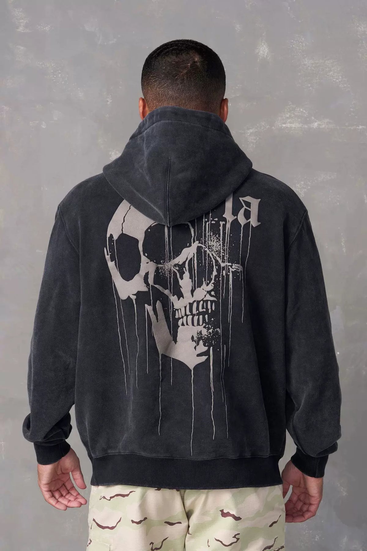 YOUNGLA- Washed Grey Skull Graphic Hoodie Sweatshirt