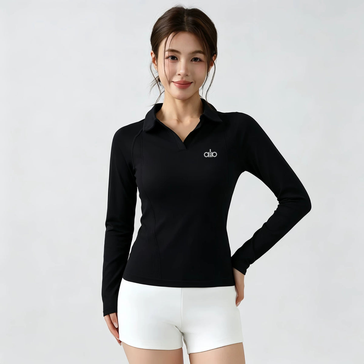 Alo Active Long-Sleeve Polo Top Black