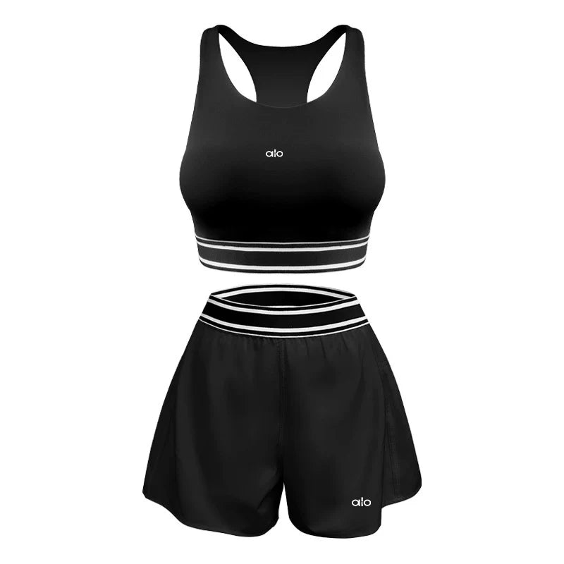 Alo Active Striped Band Sports Bra & Short Set Black