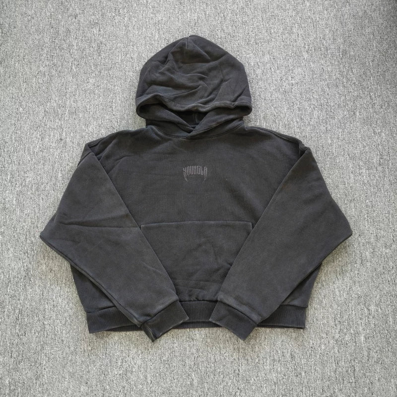 YOUNGLA- Washed Black Gothic Graphic Pullover Hoodie