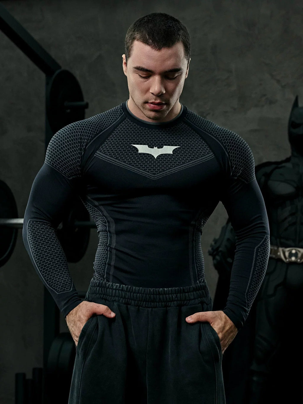 YOUNGLA Men's Superhero Honeycomb Armor Compression Long Sleeve Shirt Black