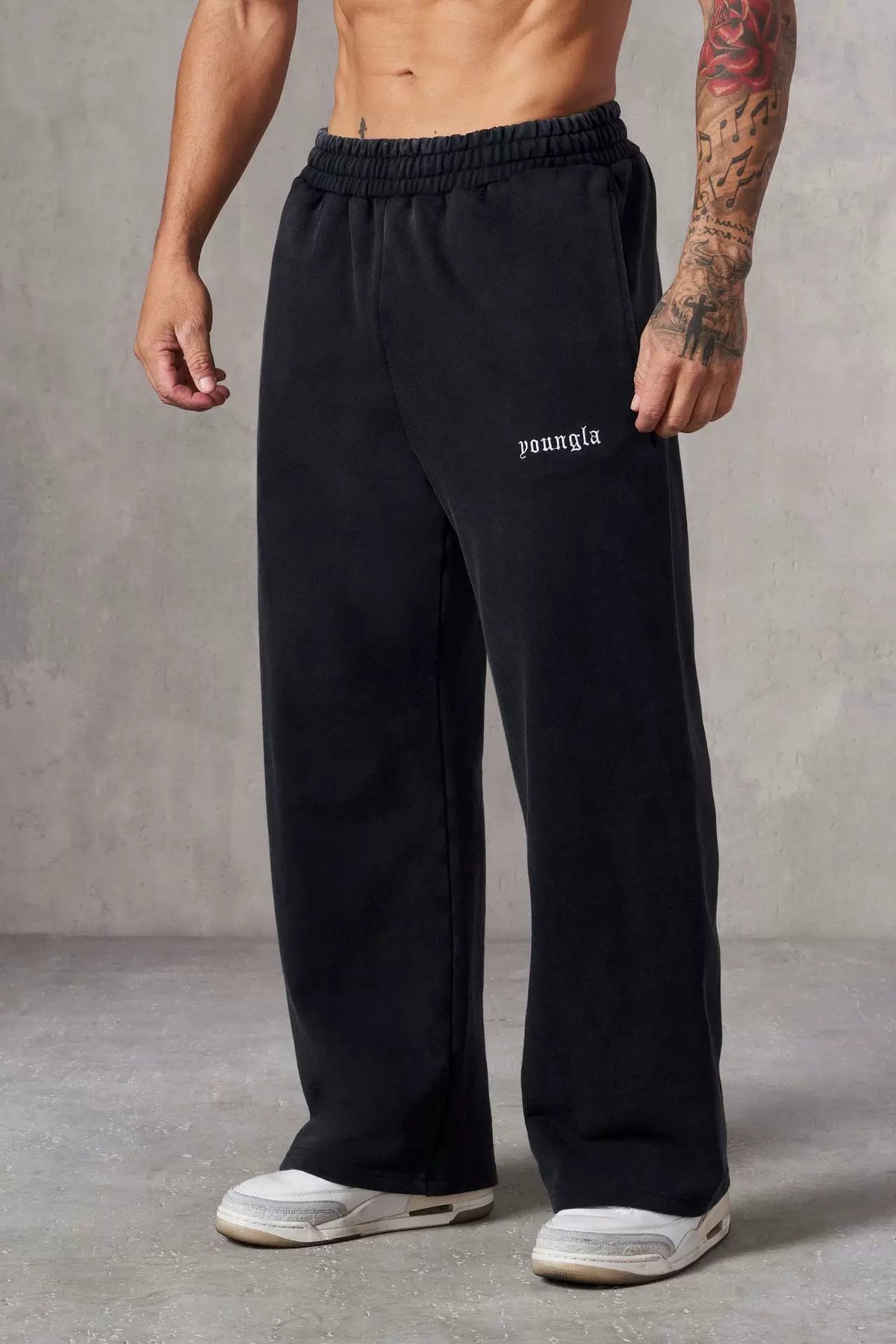 YOUNGLA Men's Minimalist Embroidered Logo Wide Leg Sweatpants