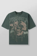 YoungLA Heavyweight Acid Wash Oversized Tee – Olive Green Drip Skull Graphic