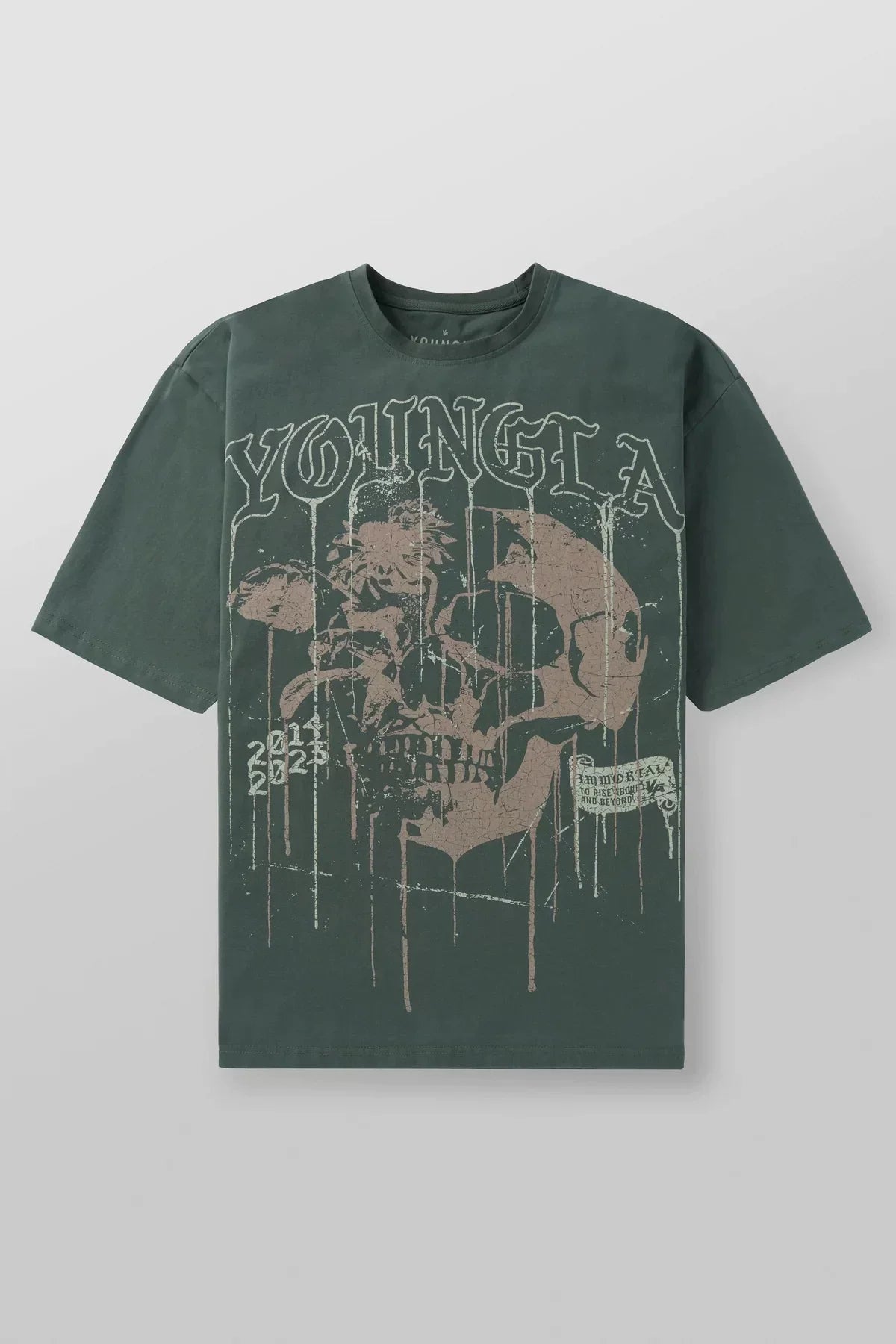 YoungLA Heavyweight Acid Wash Oversized Tee – Olive Green Drip Skull Graphic