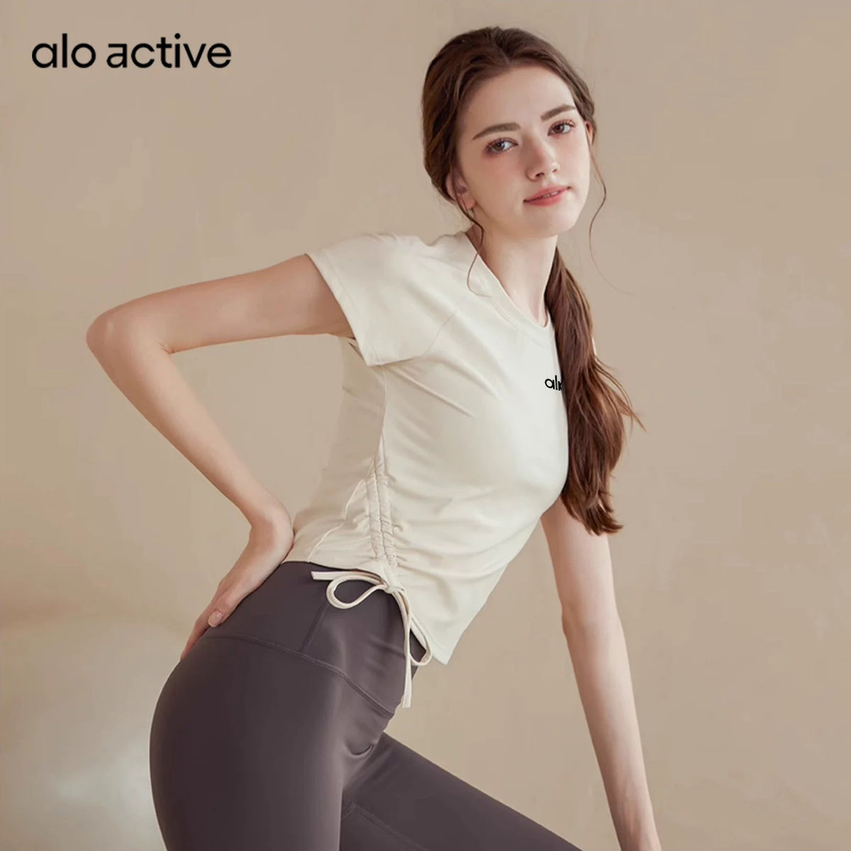 Alo Active Drawstring Ruched Performance Athletic Top Apricot