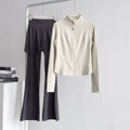 lululemon Stand-Collar White Jacket & Skirted Flare Grey Pant Set