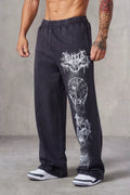 YOUNGLA Men's Acid Wash Heavy Metal Skull Graphic Wide Leg Sweatpants