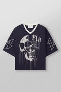 YoungLA Heavyweight Oversized V-Neck Mesh Jersey – Navy Dripping Skull Graphic