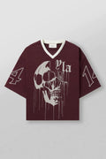 YoungLA Heavyweight Oversized V-Neck Mesh Jersey – Maroon Dripping Skull Graphic
