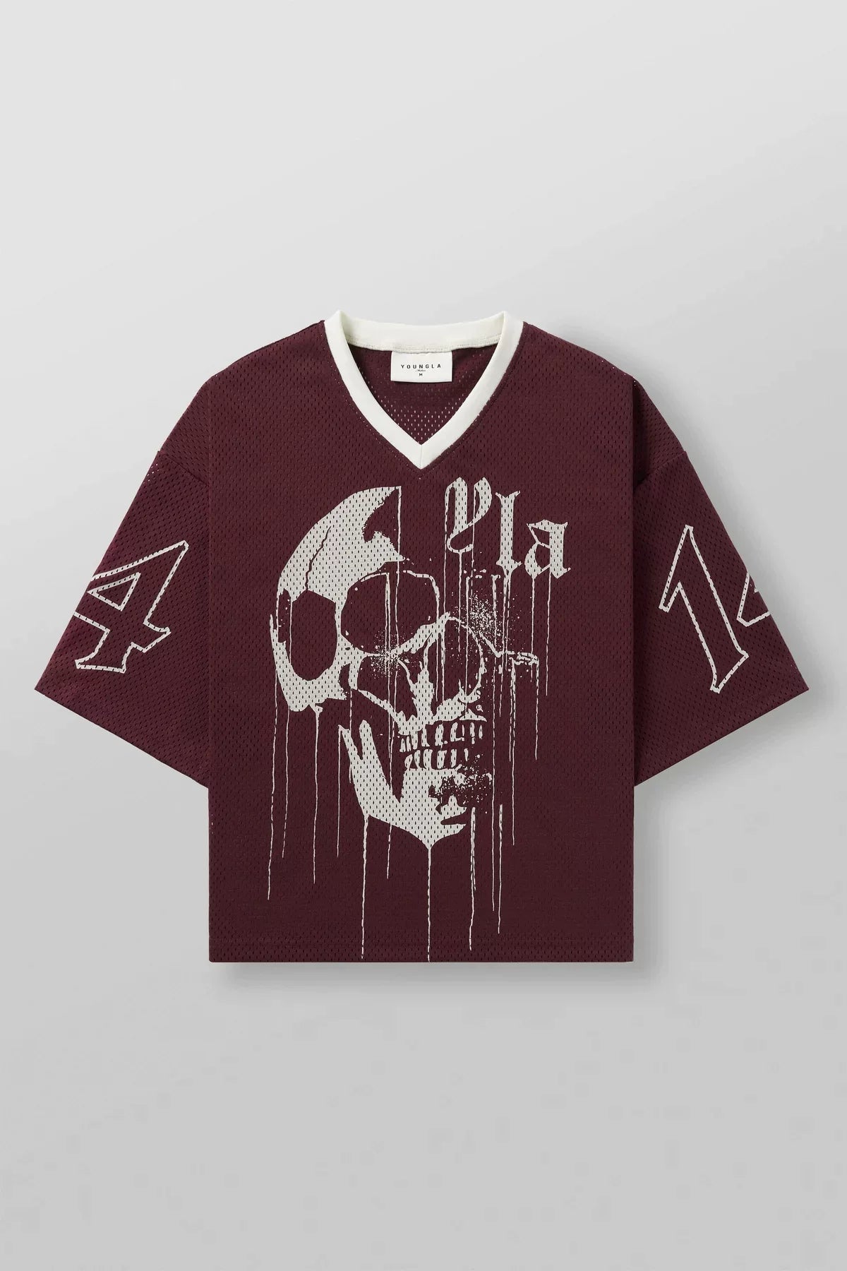 YoungLA Heavyweight Oversized V-Neck Mesh Jersey – Maroon Dripping Skull Graphic