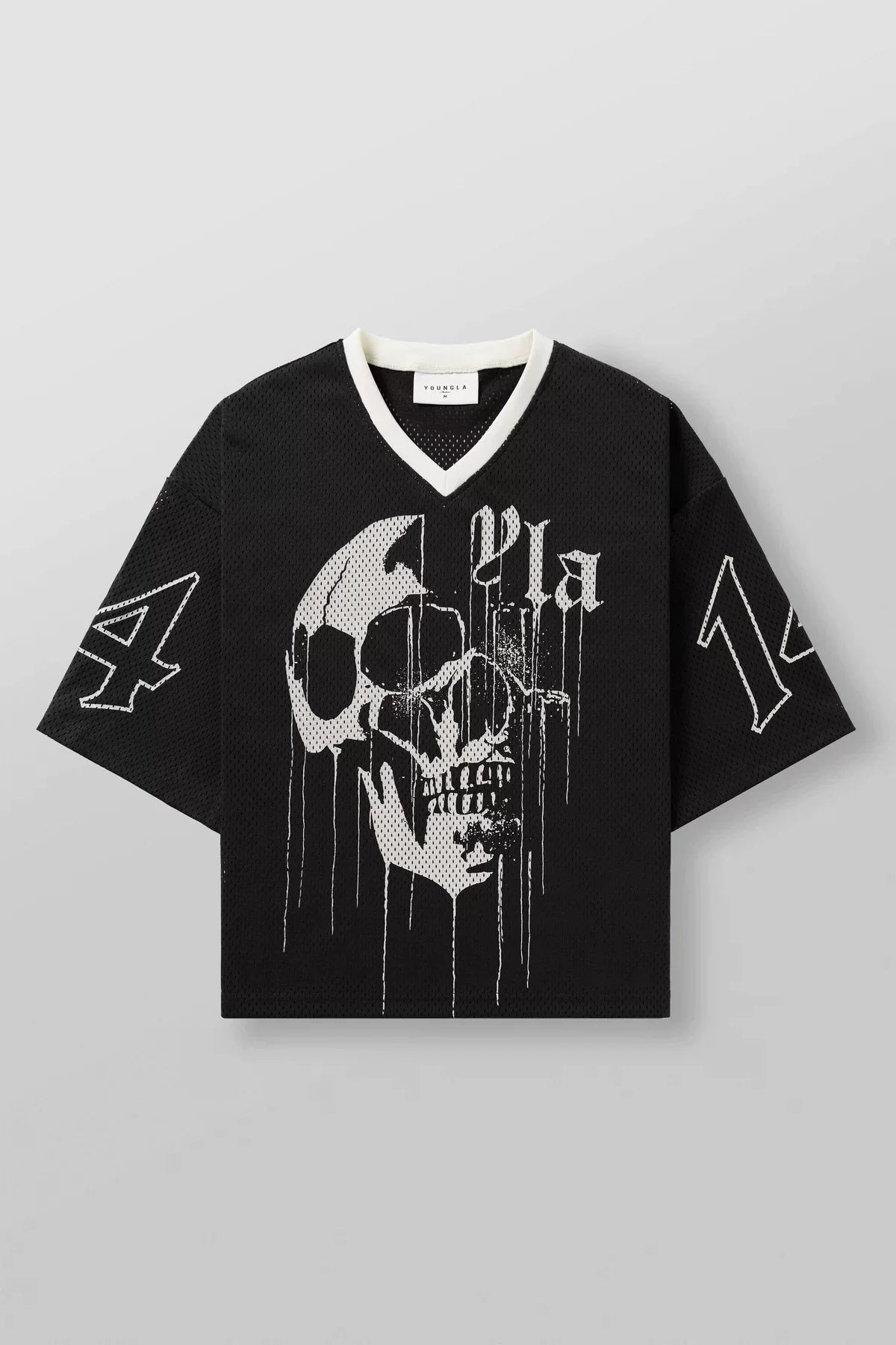 YoungLA Heavyweight Oversized V-Neck Mesh Jersey – Dripping Skull Graphic