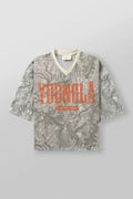 YoungLA Grey Camo Oversized V-Neck Mesh Jersey – Orange Distressed Graphic