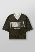 YoungLA Camo Oversized V-Neck Mesh Jersey – Distressed Logo Graphic